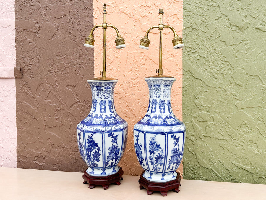 Pair of Blue and White Chinoiserie Lamps