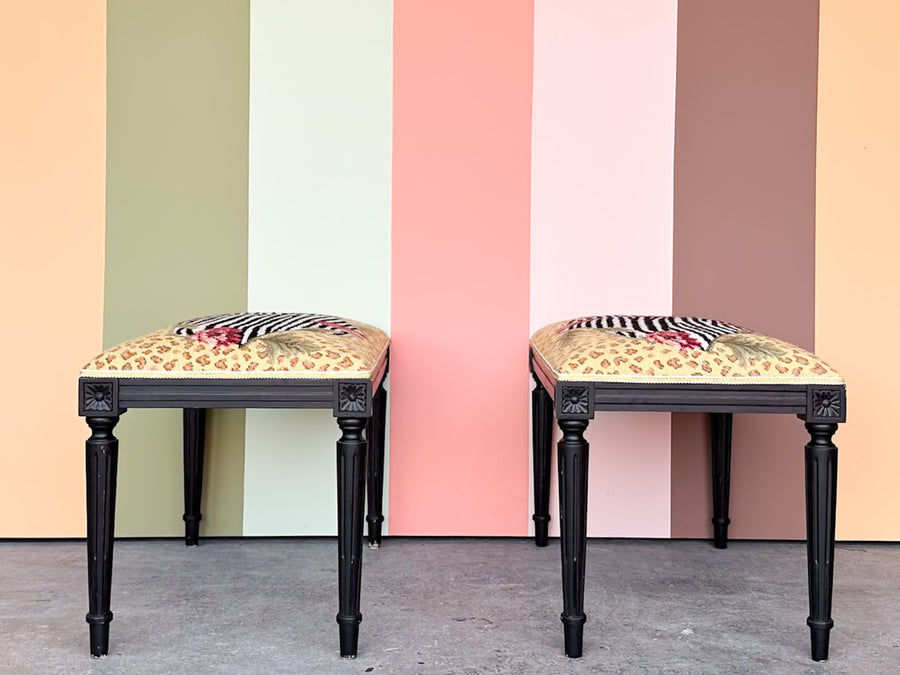 Pair of Safari Chic Needlepoint Benches