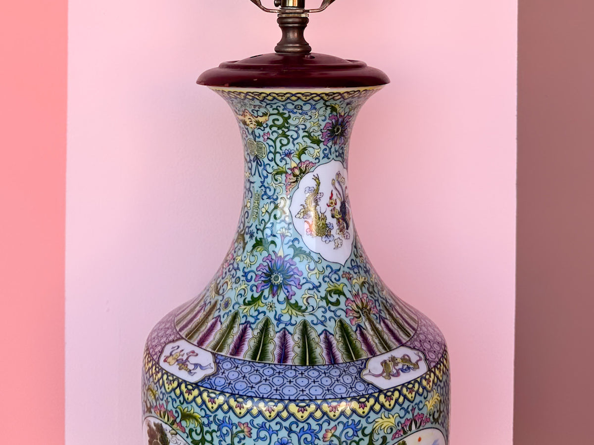 Teal and Yellow Chinoiserie Lamp