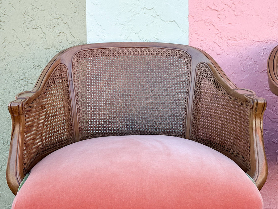 Pair of Cane and Velvet Barrel Chairs