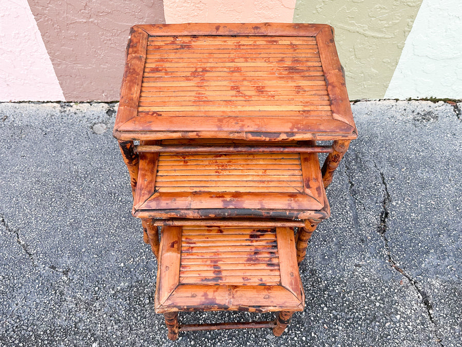 Set of Three Tortoiseshell Rattan Nesting Tables
