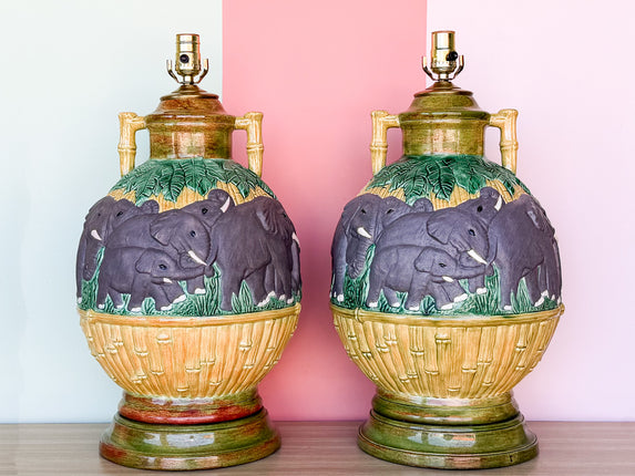 Pair of Ceramic Faux Bamboo Elephant Lamps