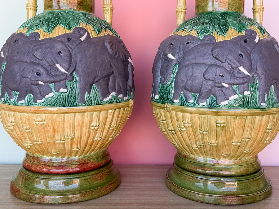 Pair of Ceramic Faux Bamboo Elephant Lamps
