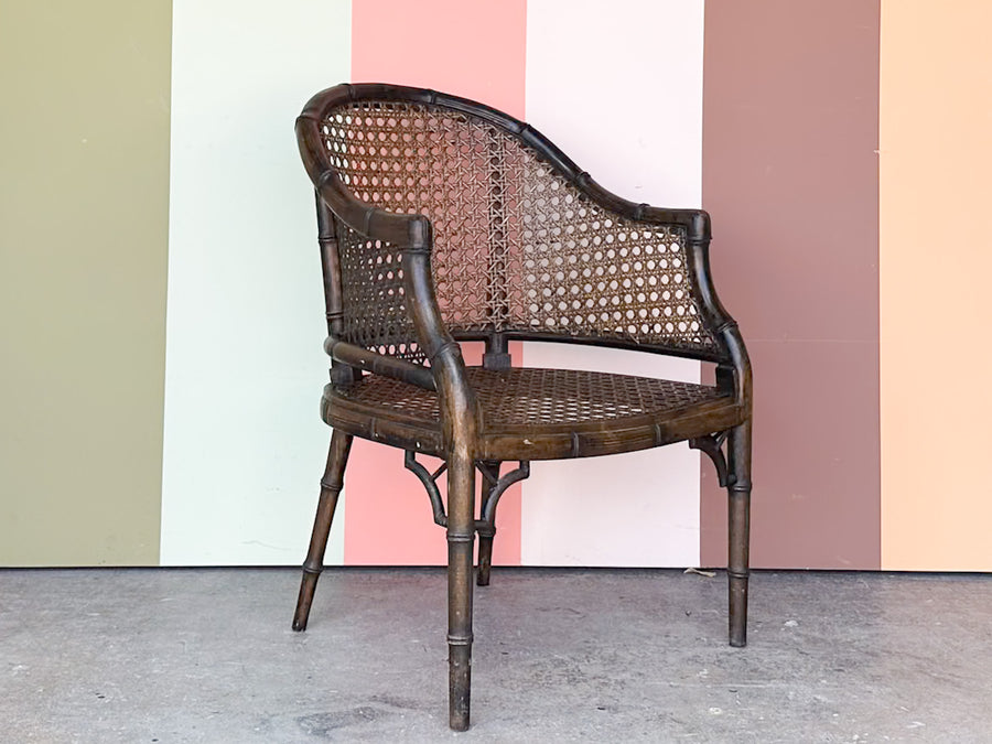 Handsome Cane and Faux Bamboo Barrel Chair