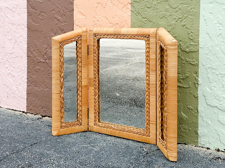 Tri Fold Rattan Mirror