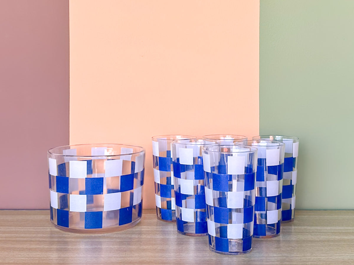 Set of Six Blue and White Gingham Glasses and Ice Bucket