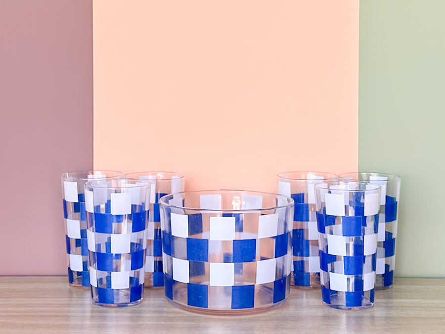 Set of Six Blue and White Gingham Glasses and Ice Bucket