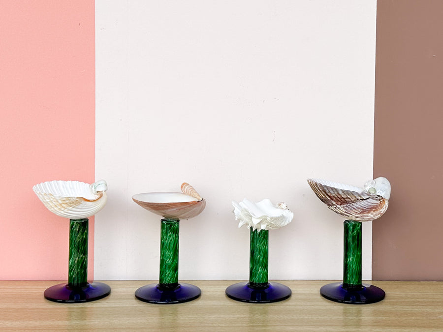 Set of Four Green and Blue Stem Shell Coupes