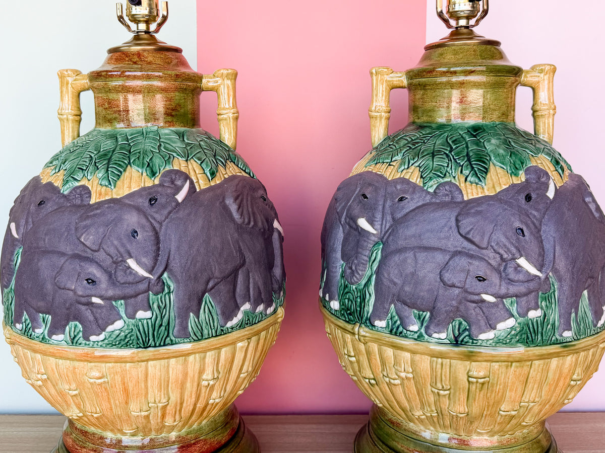 Pair of Ceramic Faux Bamboo Elephant Lamps