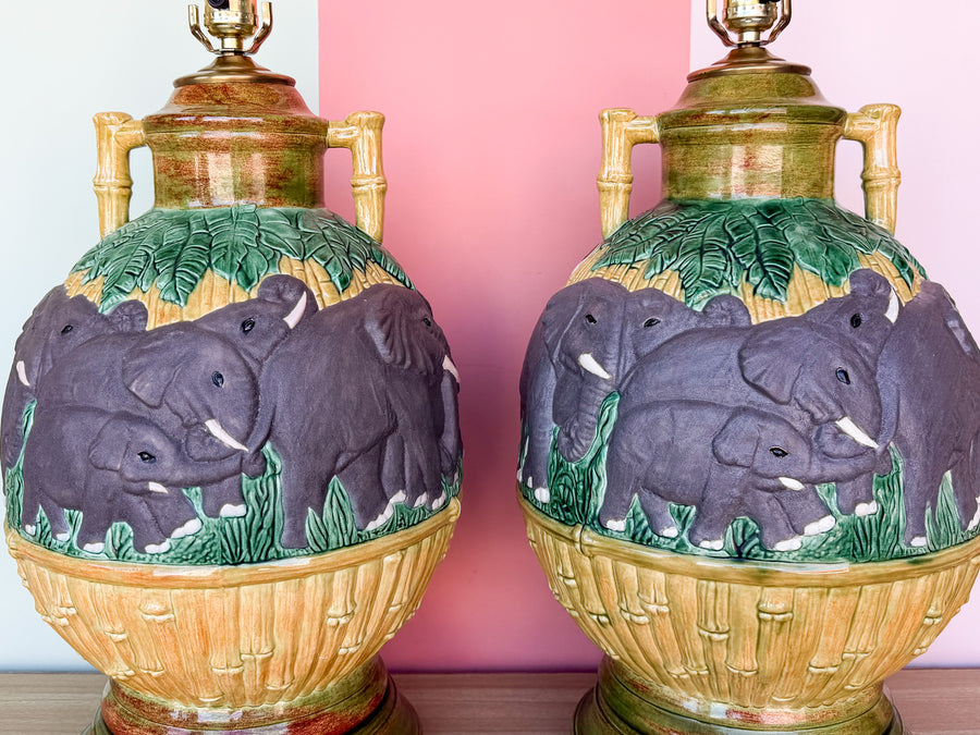 Pair of Ceramic Faux Bamboo Elephant Lamps