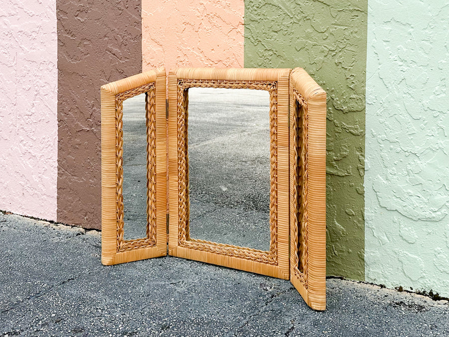 Tri Fold Rattan Mirror