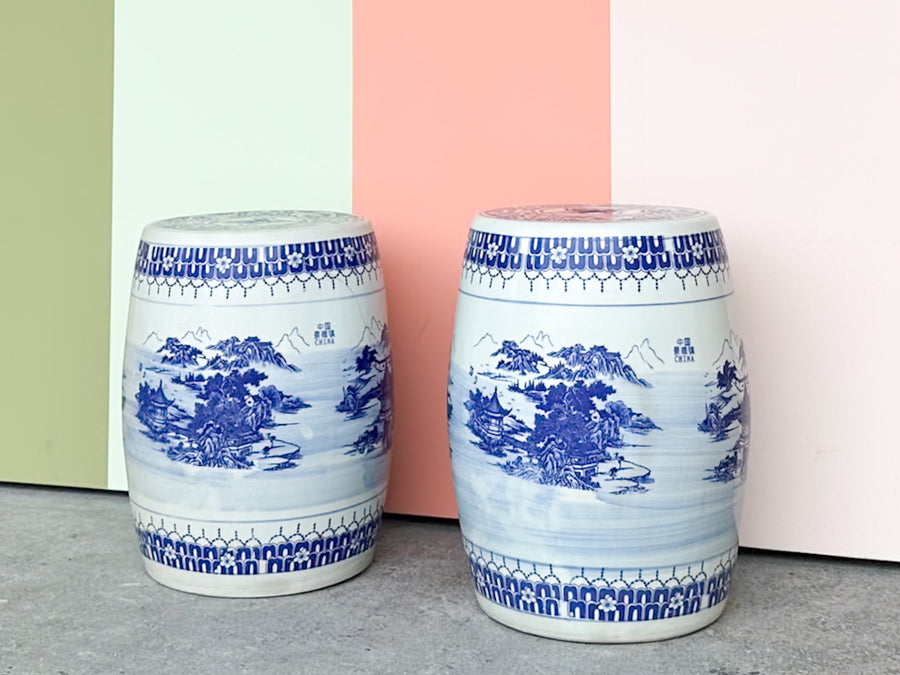 Pair of Blue and White Garden Stools