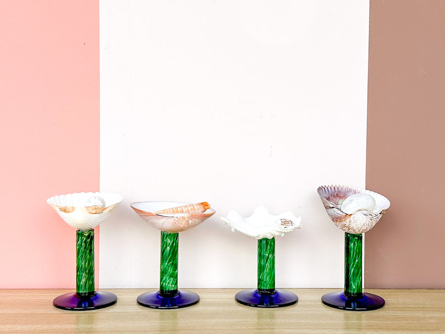 Set of Four Green and Blue Stem Shell Coupes