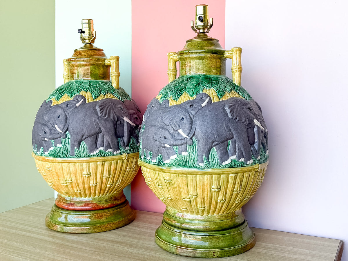 Pair of Ceramic Faux Bamboo Elephant Lamps