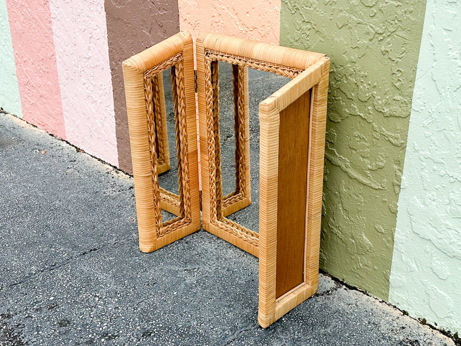 Tri Fold Rattan Mirror