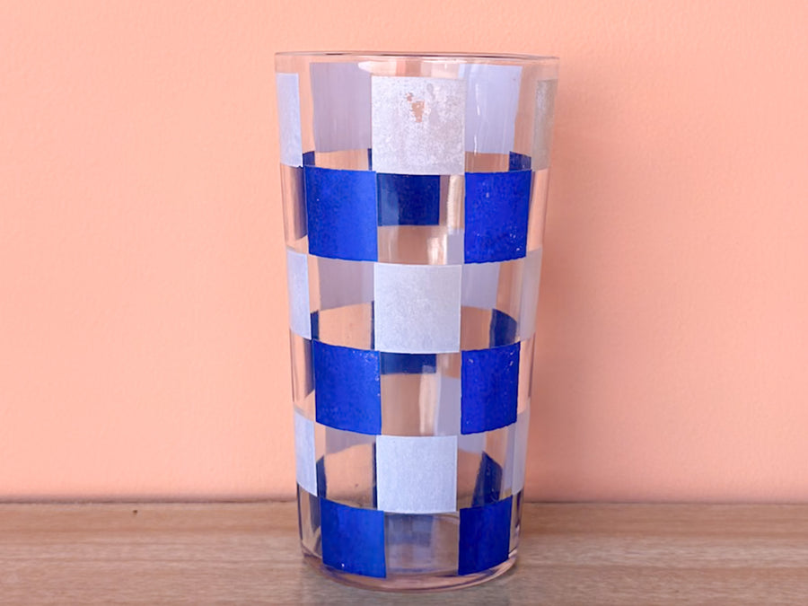 Set of Six Blue and White Gingham Glasses and Ice Bucket