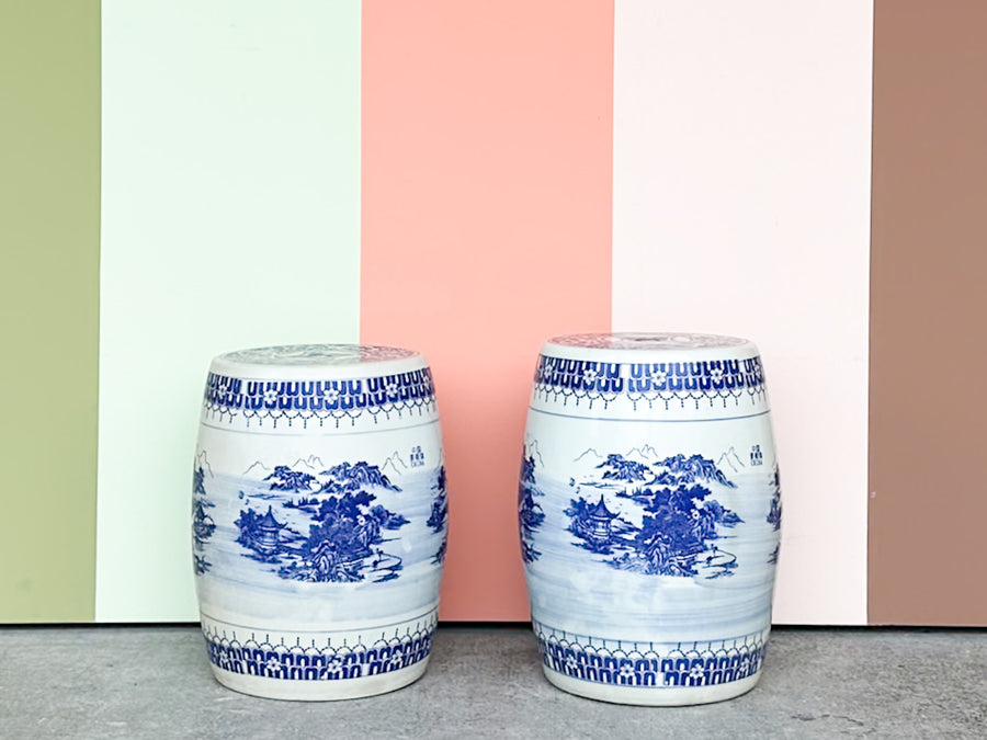Pair of Blue and White Garden Stools