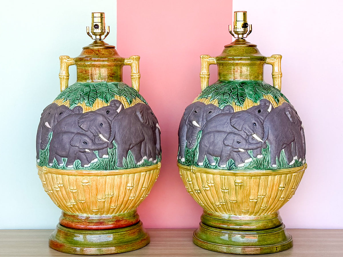 Pair of Ceramic Faux Bamboo Elephant Lamps