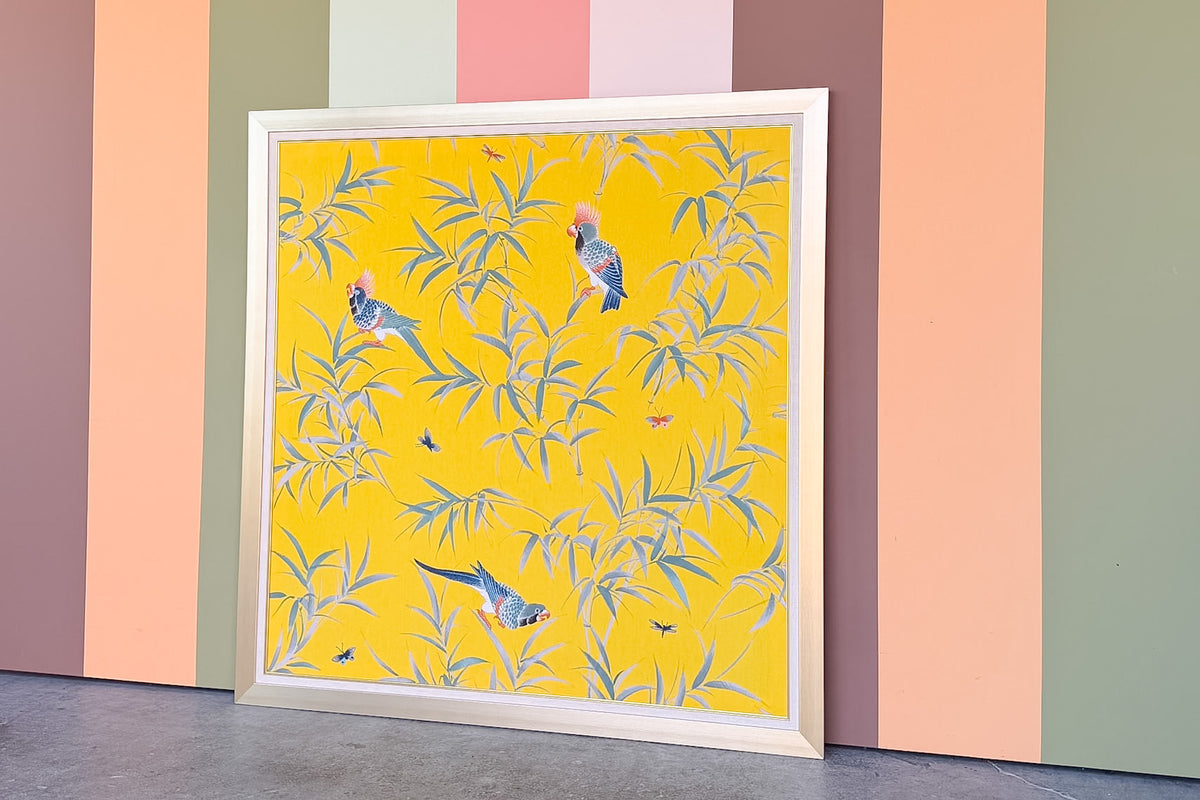 Yellow Framed Chinoiserie Fabric Panel Art