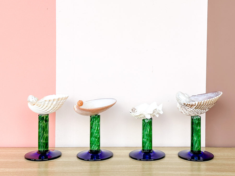 Set of Four Green and Blue Stem Shell Coupes