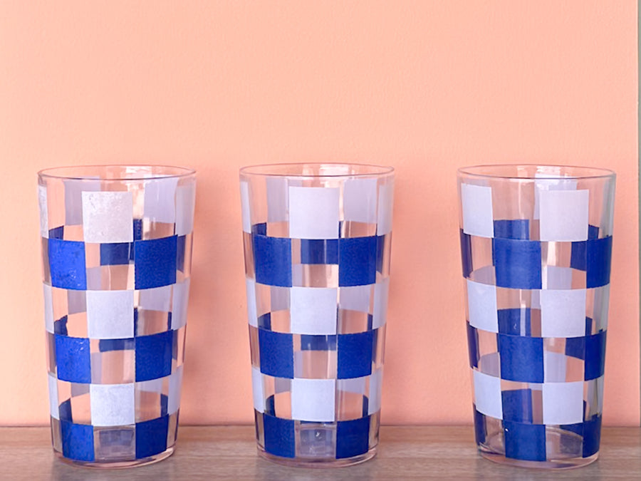 Set of Six Blue and White Gingham Glasses and Ice Bucket