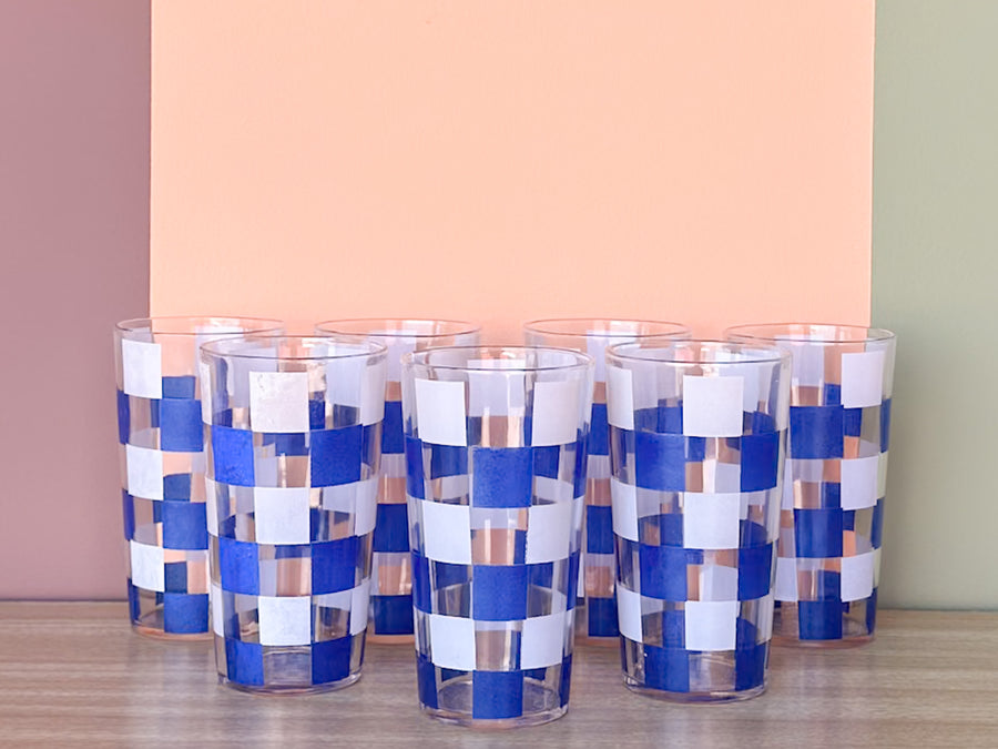 Set of Six Blue and White Gingham Glasses and Ice Bucket