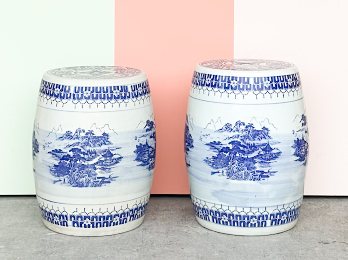 Pair of Blue and White Garden Stools