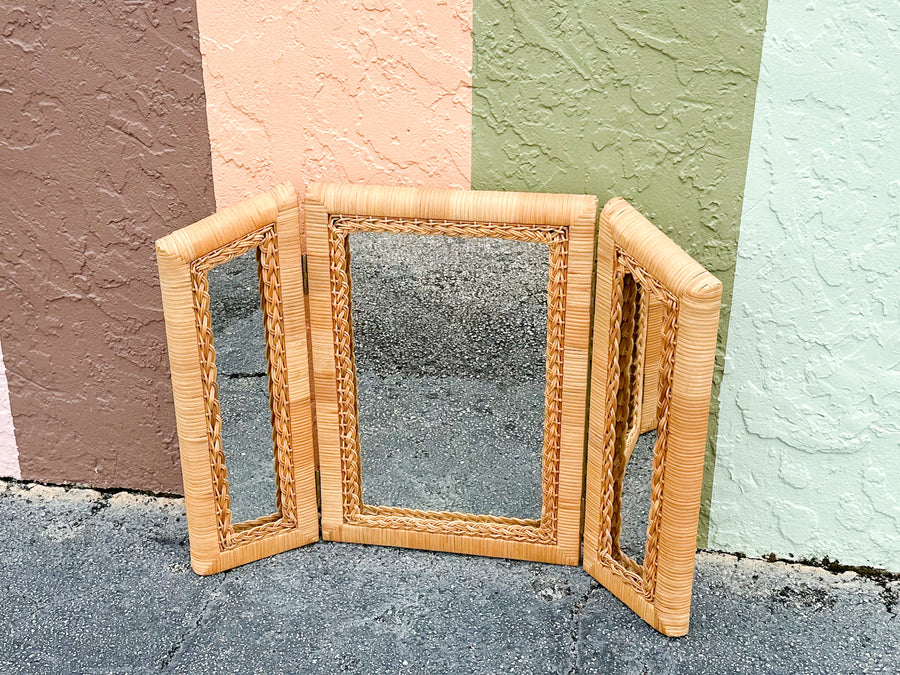 Tri Fold Rattan Mirror