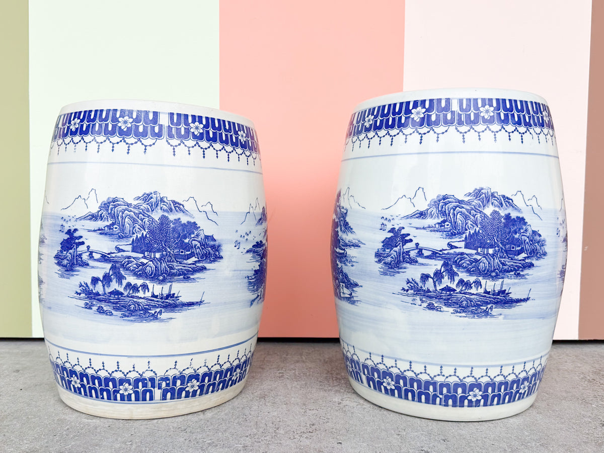 Pair of Blue and White Garden Stools