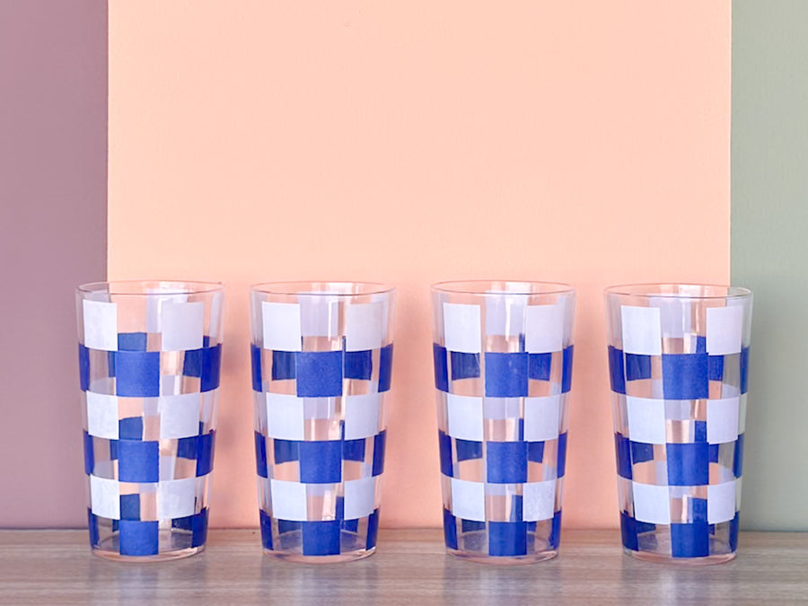 Set of Six Blue and White Gingham Glasses and Ice Bucket