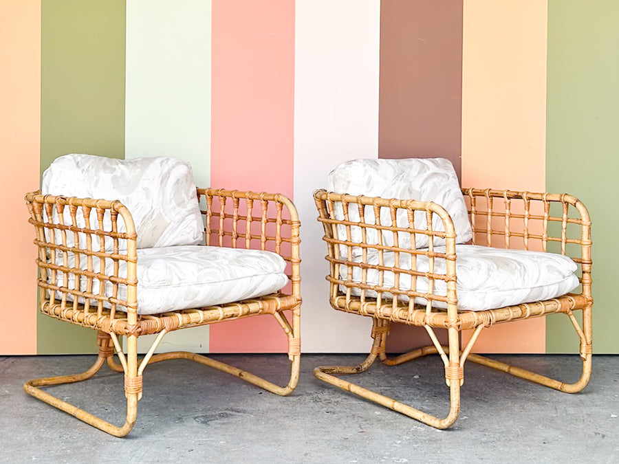 Pair of Rattan Grid Lounge Chairs