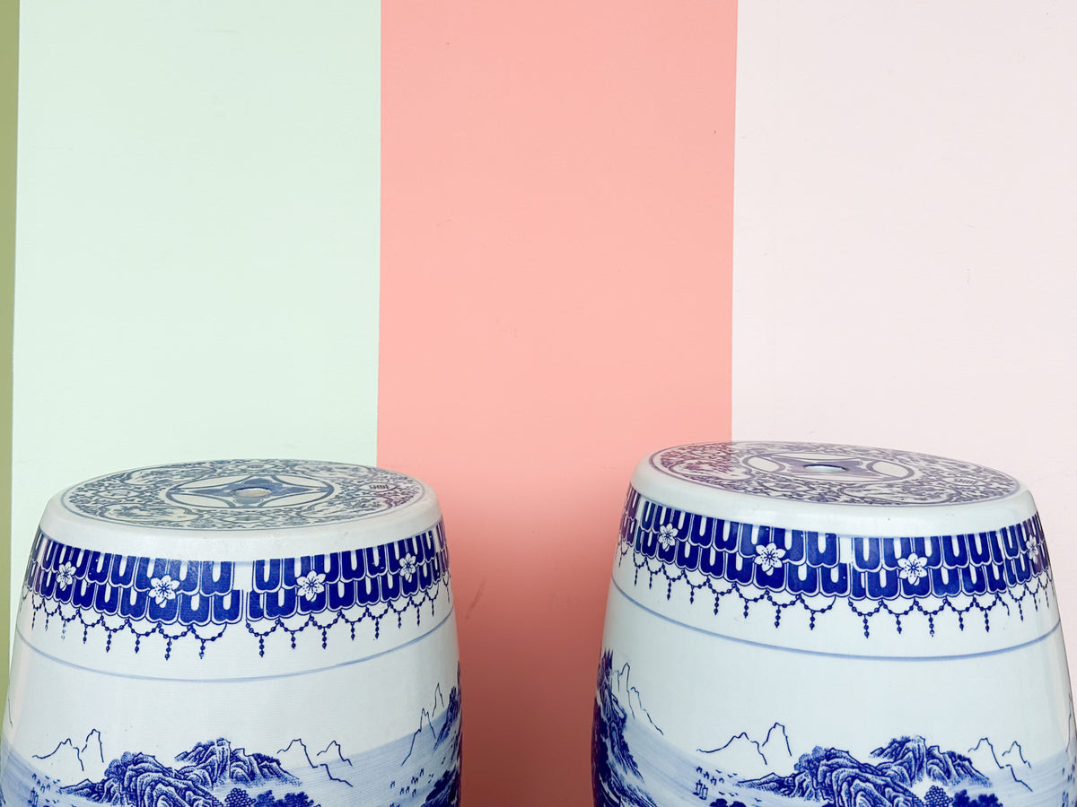 Pair of Blue and White Garden Stools