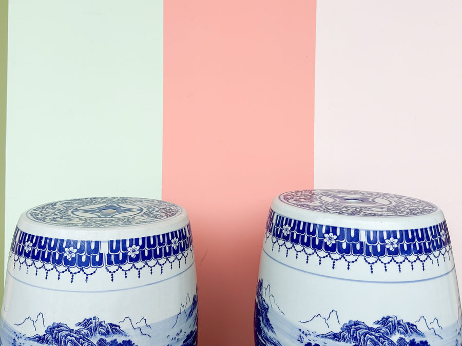 Pair of Blue and White Garden Stools