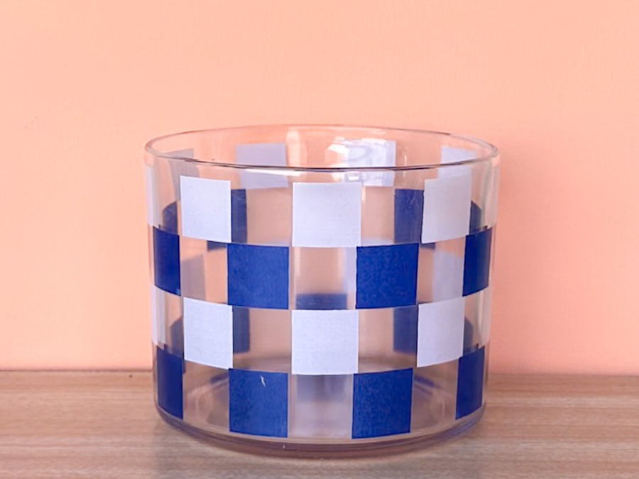 Set of Six Blue and White Gingham Glasses and Ice Bucket