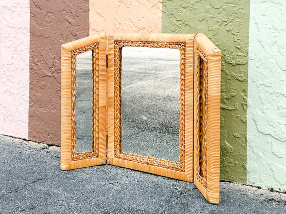 Tri Fold Rattan Mirror