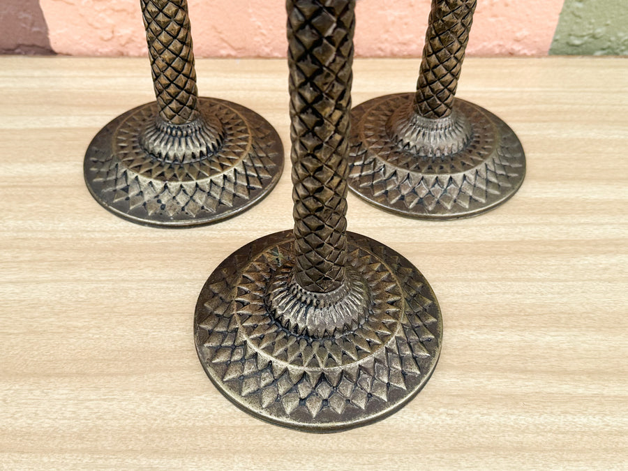 Set of Three Metal Palm Tree Candlesticks