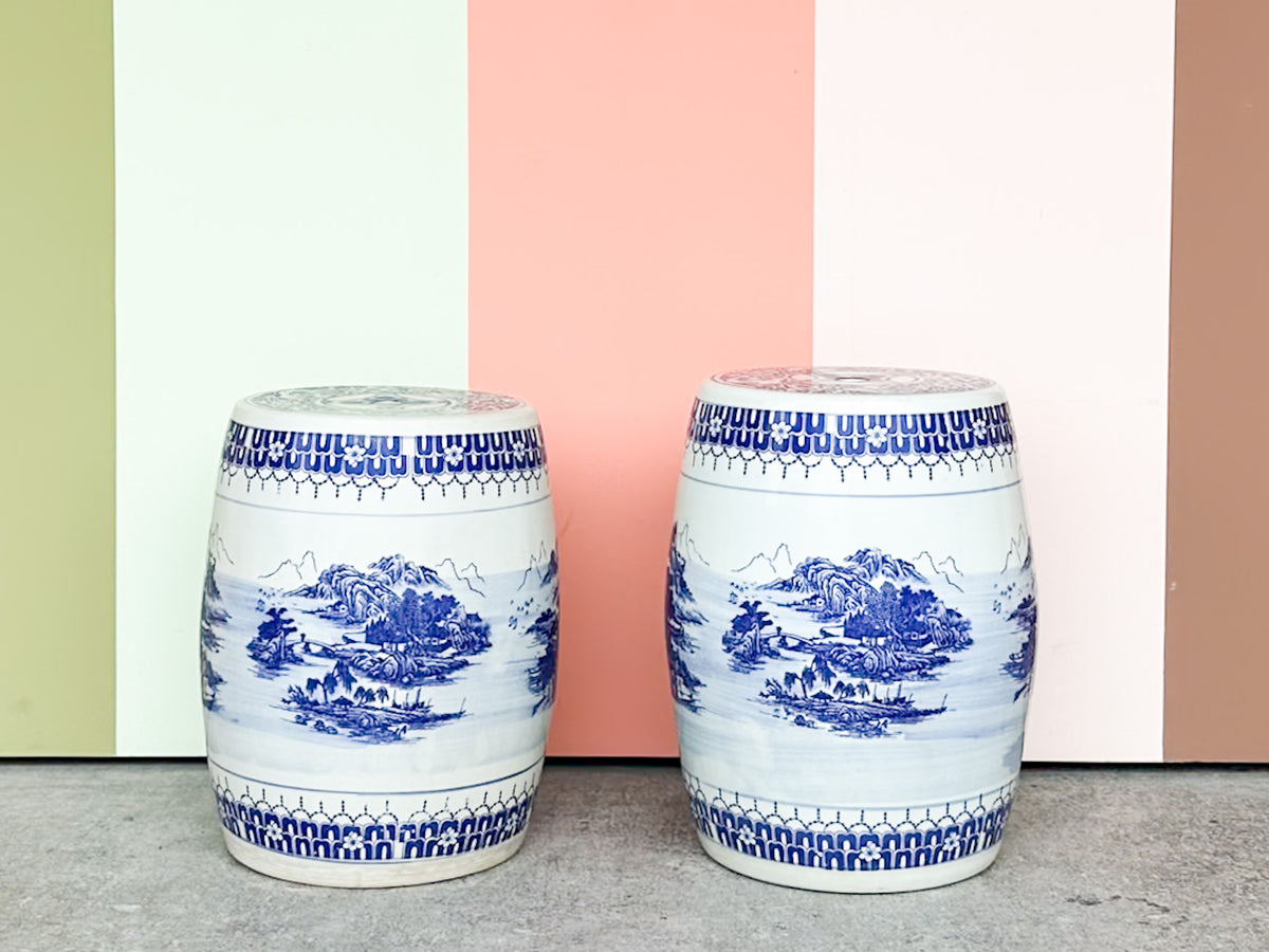 Pair of Blue and White Garden Stools