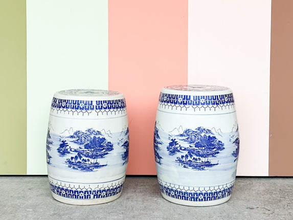 Pair of Blue and White Garden Stools