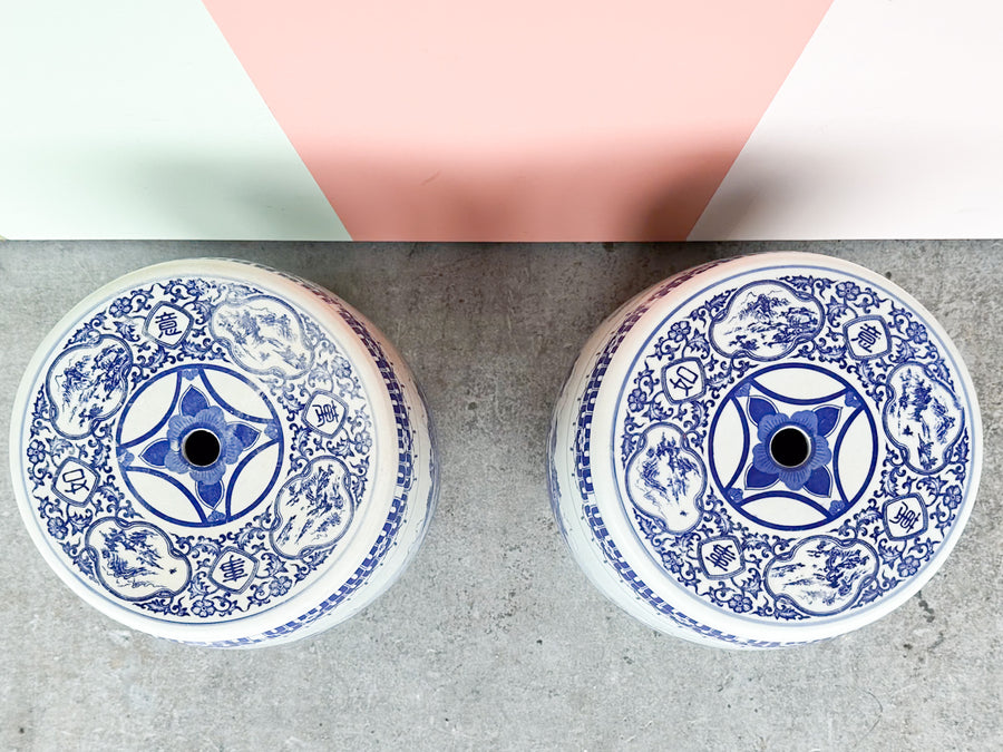 Pair of Blue and White Garden Stools