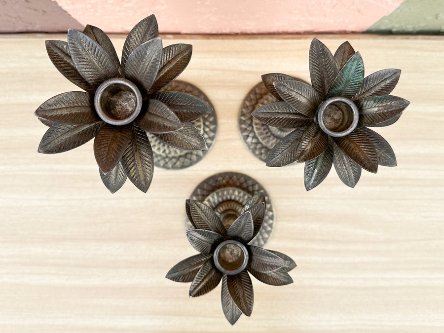 Set of Three Metal Palm Tree Candlesticks