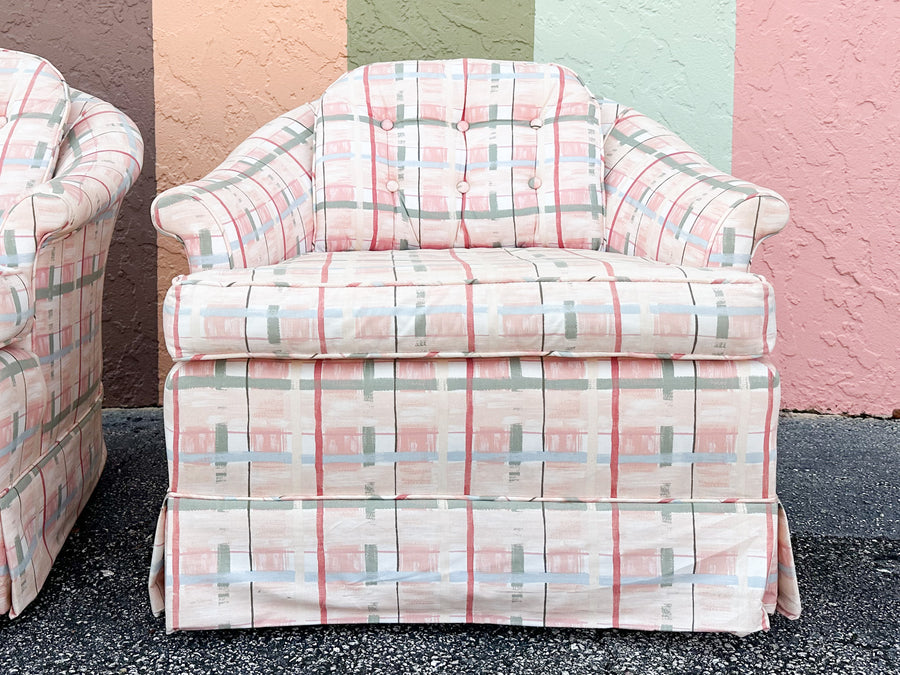 Pair of Palm Beachy Upholstered Barrel Chairs