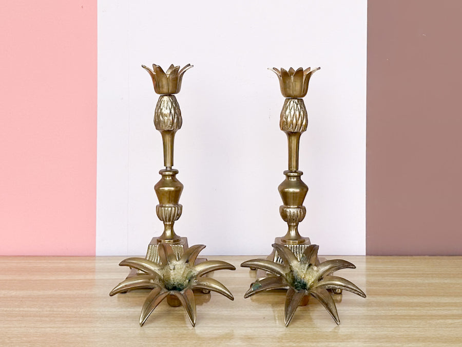 Pair of Brass Pineapple Candlesticks