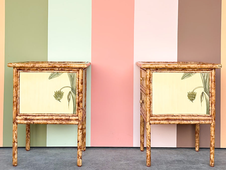 Pair of Banana Leaf Rattan Nightstands
