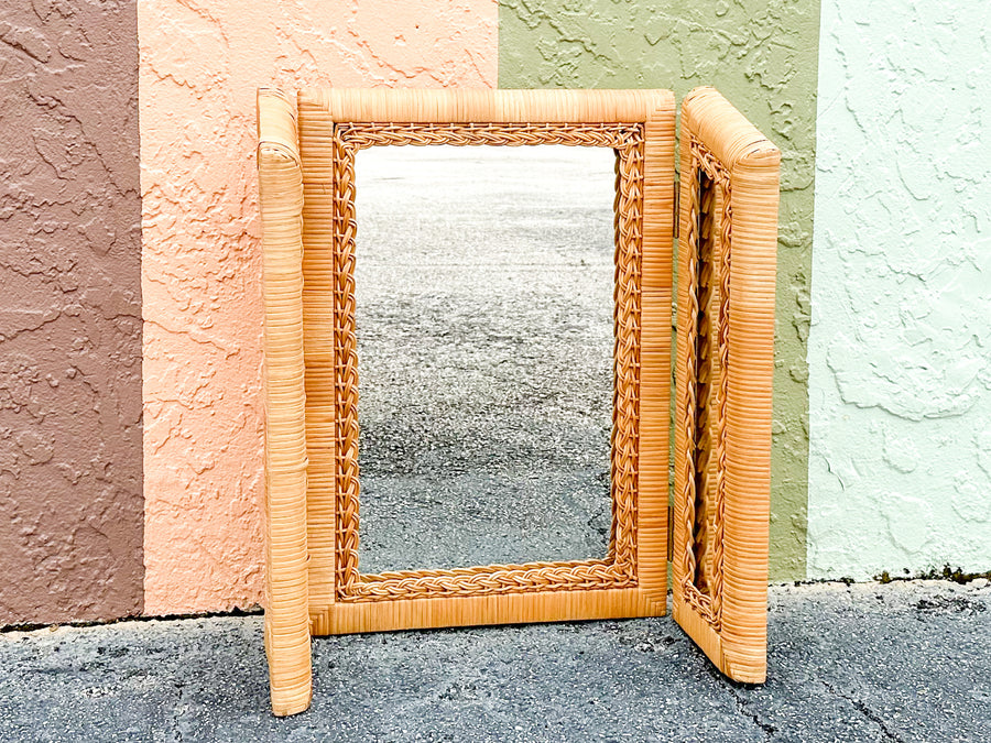 Tri Fold Rattan Mirror