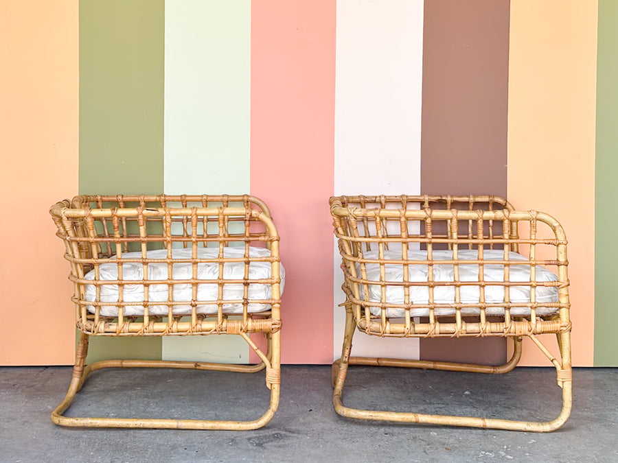 Pair of Rattan Grid Lounge Chairs