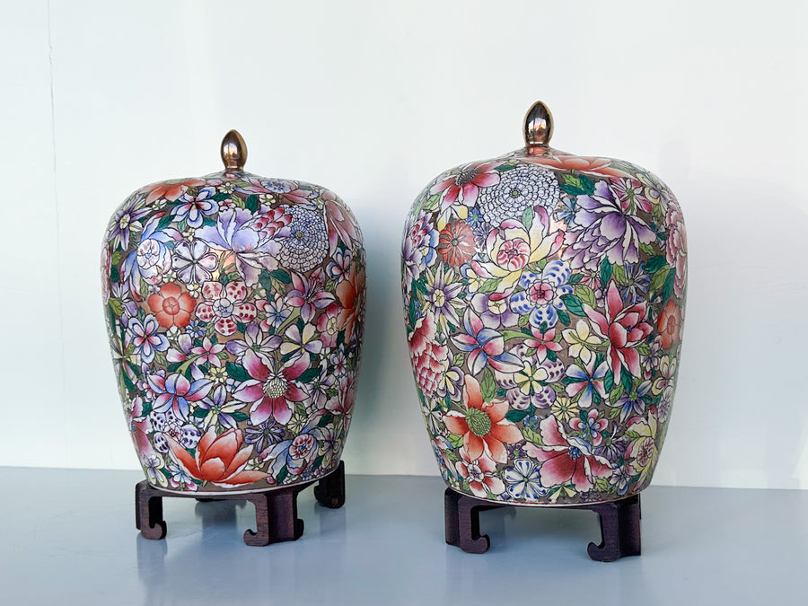Pair of Colorful Floral Jars