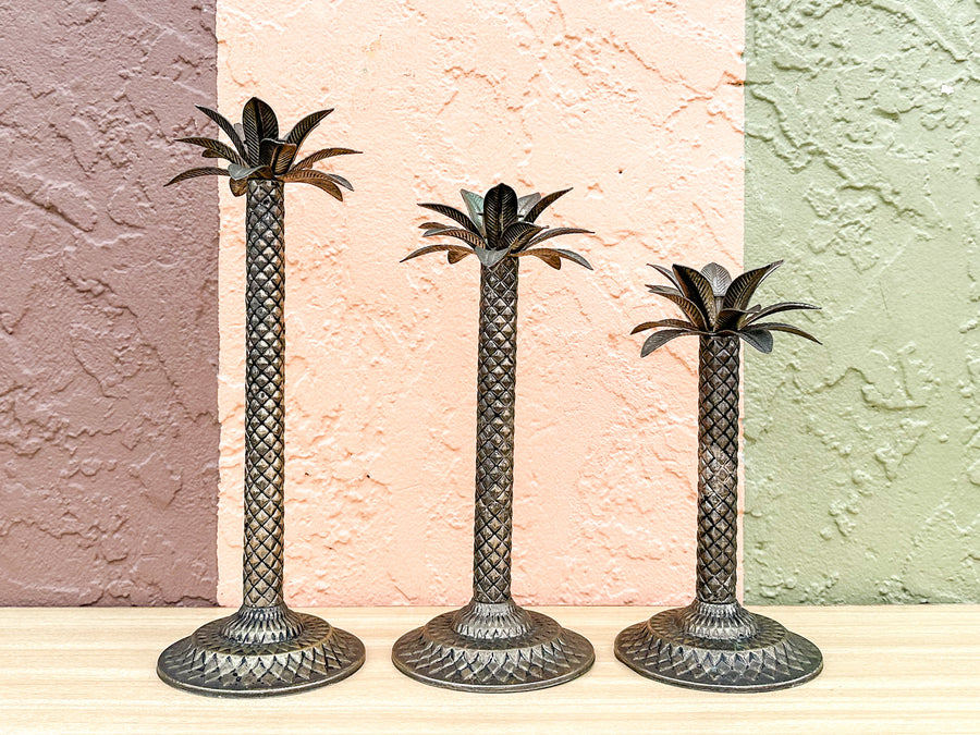 Set of Three Metal Palm Tree Candlesticks