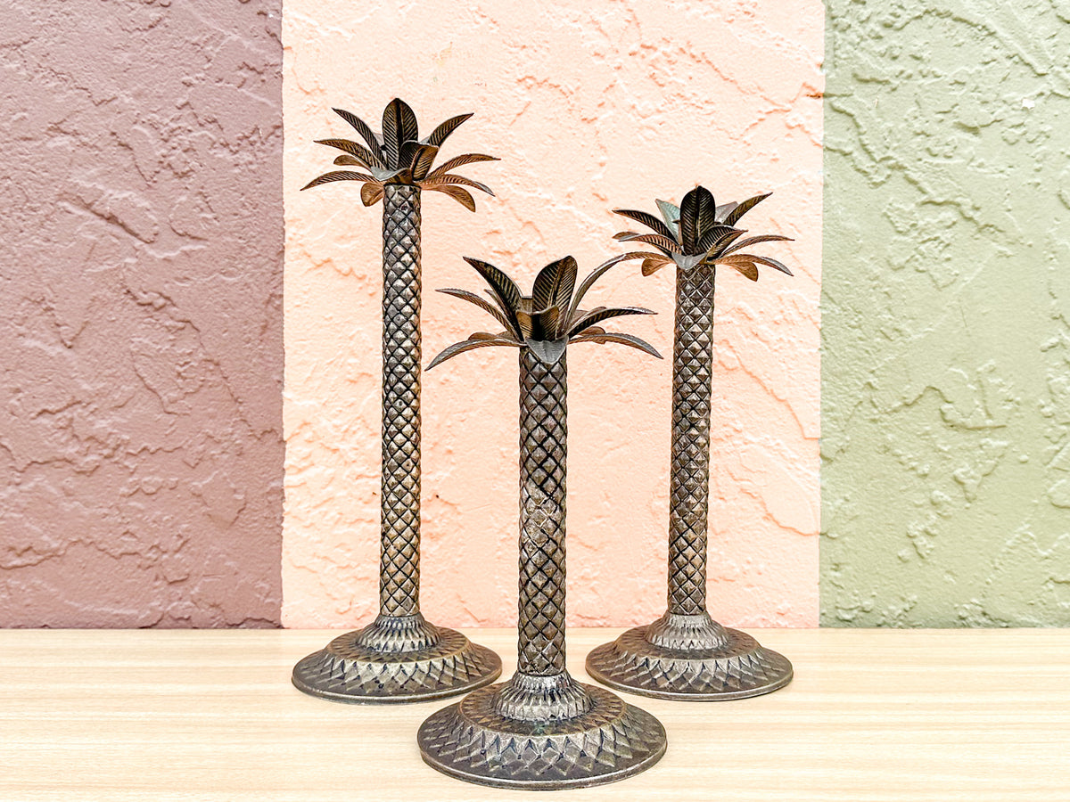 Set of Three Metal Palm Tree Candlesticks