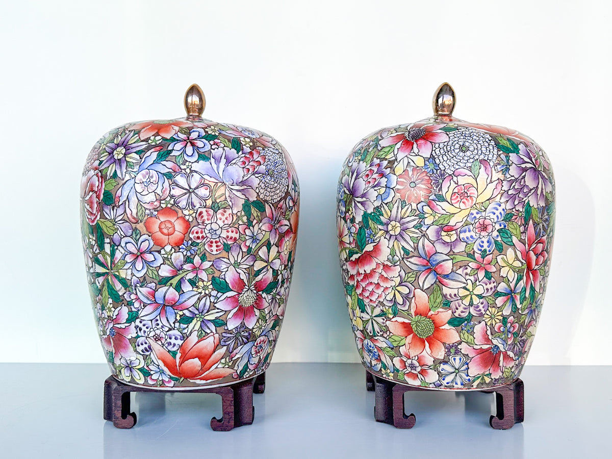 Pair of Colorful Floral Jars