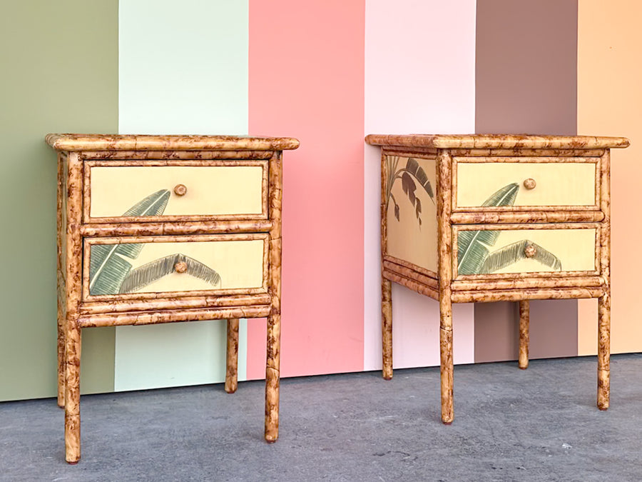 Pair of Banana Leaf Rattan Nightstands